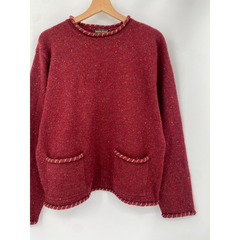 Woolrich Sweater Women L Red Wool Blend Donegal Tweed Blanket Stitch Pockets